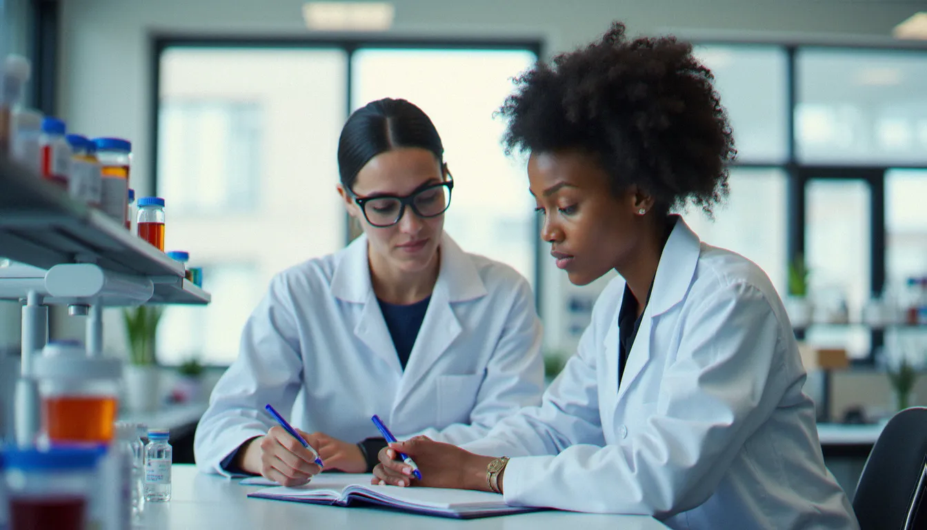 Équipe scientifique féminine collaborant sur des tests diagnostiques dans un laboratoire de biotech dédié à la santé des femmes