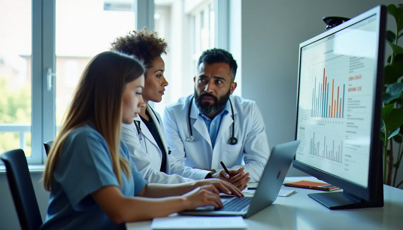 Équipe multidisciplinaire en recherche clinique analysant des données d'essais cliniques dans un bureau moderne de biotechnologie santé féminine