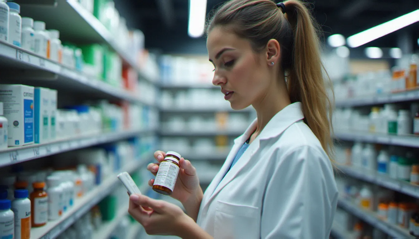 Pharmacienne examinant attentivement l'étiquette d'un flacon de complément alimentaire en pharmacie pour vérifier sa composition et ses risques