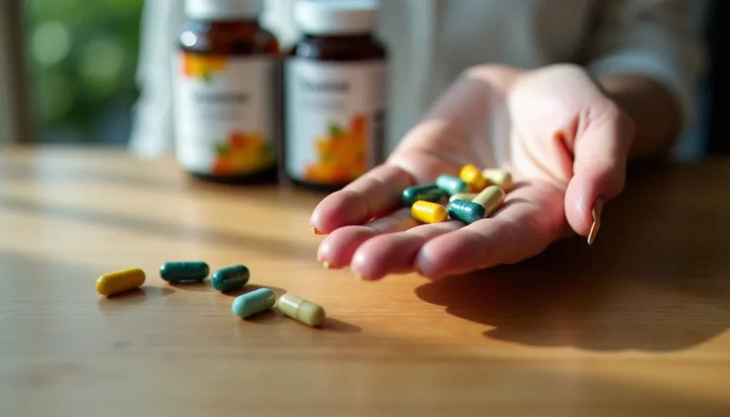 Une femme tenant des gélules et comprimés de compléments alimentaires dans la main, illustrant les risques des supplements dangereux pour la santé des femmes