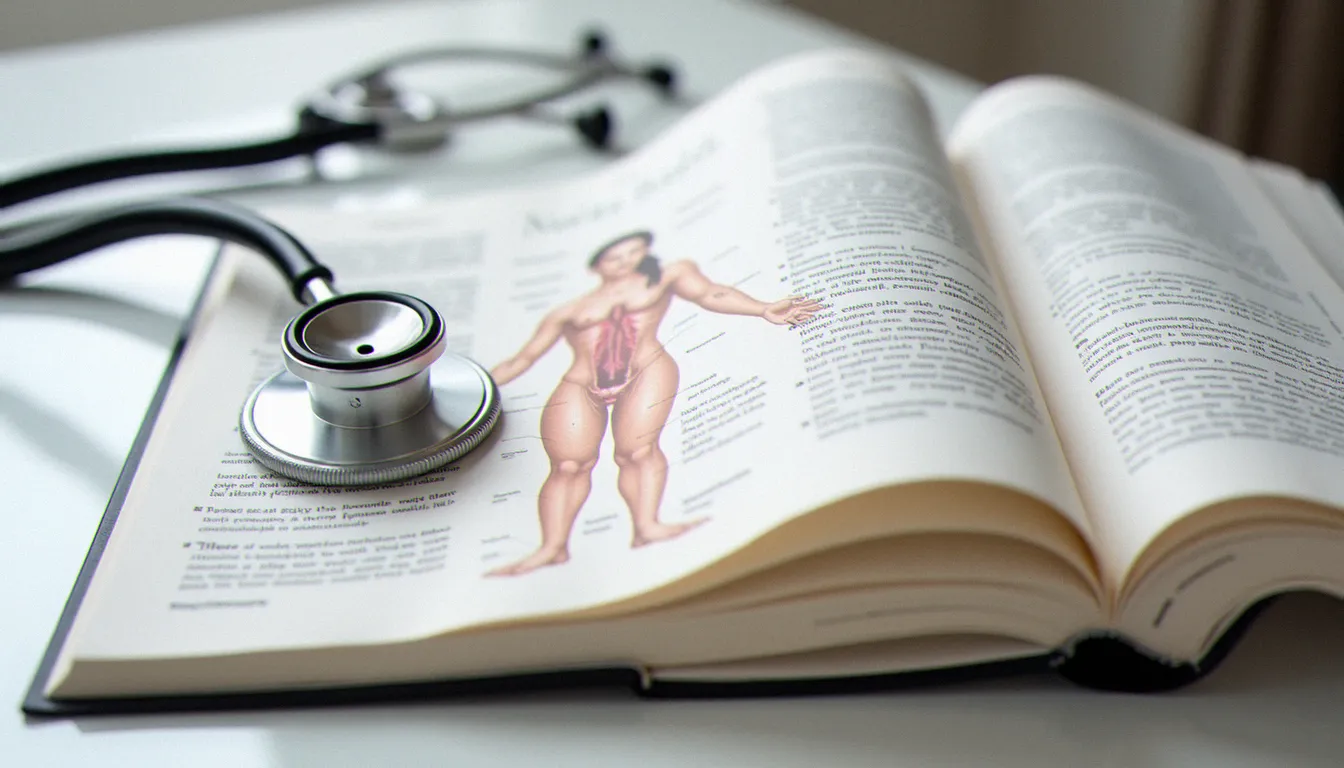 Livre médical ouvert sur la santé féminine avec annotations manuscrites et stéthoscope posé à côté, vue de dessus sur fond blanc