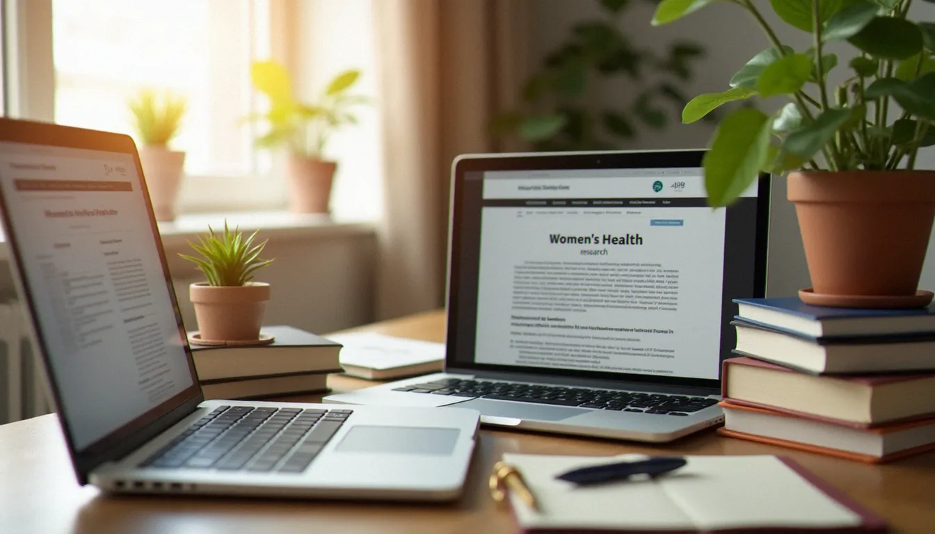 Bureau organisé avec une pile de guides de santé féminine, un ordinateur portable affichant une étude scientifique et un carnet de notes personnel ouvert