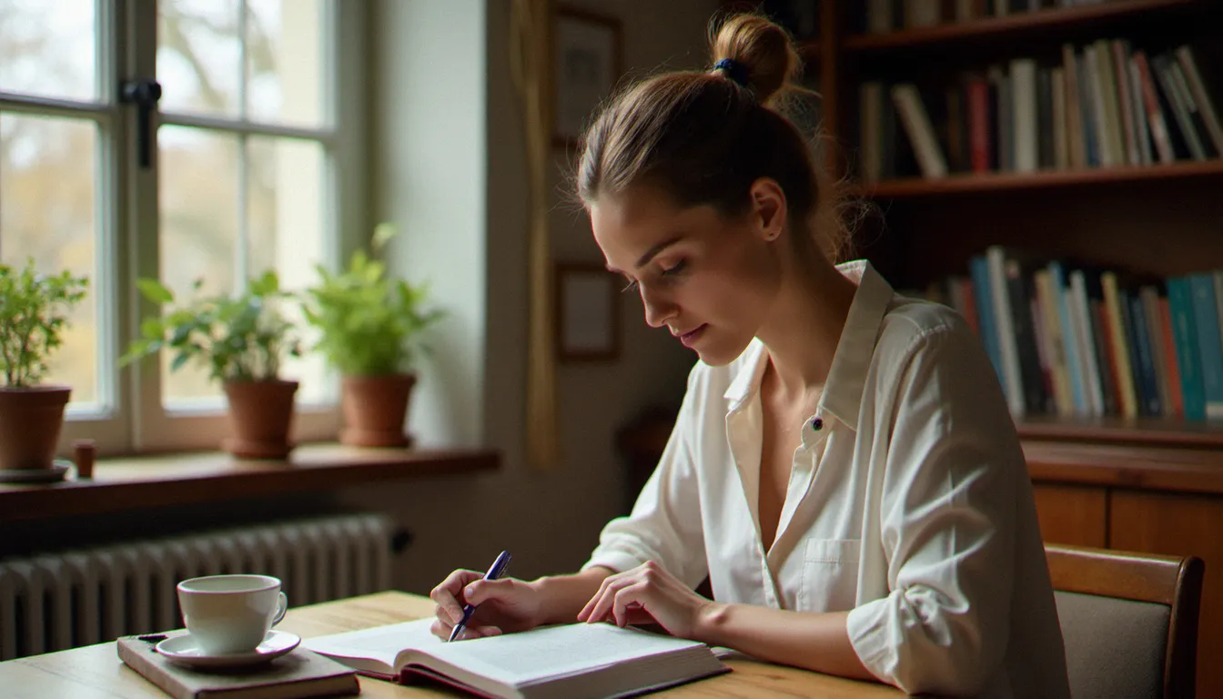 Femme lisant un women's health guide book à son bureau avec une tasse de tisane, lumière naturelle, ambiance chaleureuse et studieuse
