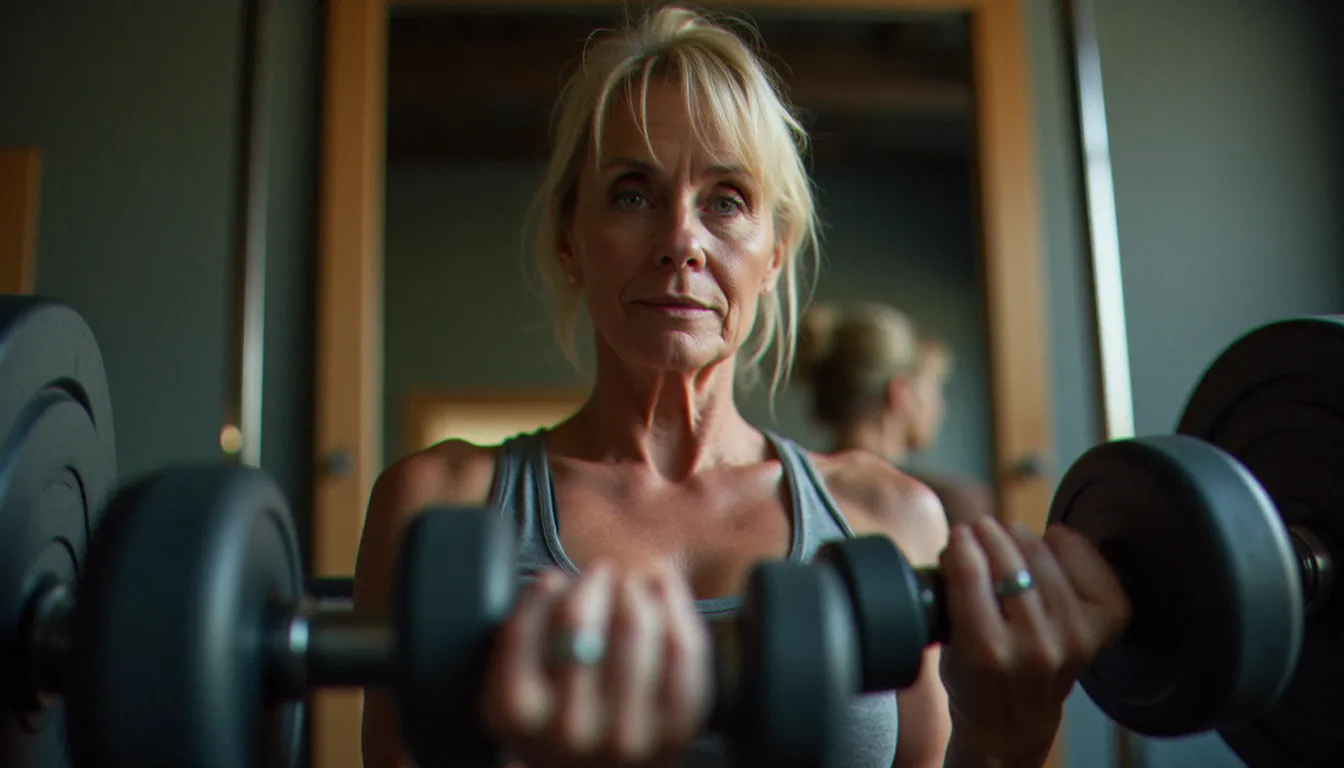 Femme de cinquante ans réalisant un soulevé de terre roumain avec haltères à domicile, illustrant la musculation adaptée à la périménopause et aux pathologies hormonales féminines