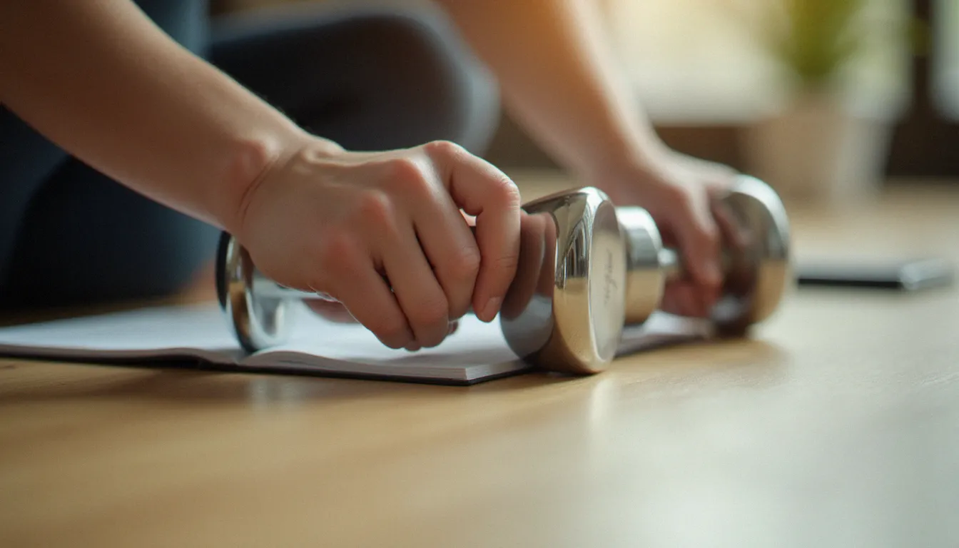 Haltères et carnet de suivi du cycle menstruel posés sur un plancher de salle de sport, symbolisant l'adaptation de la musculation aux phases hormonales féminines