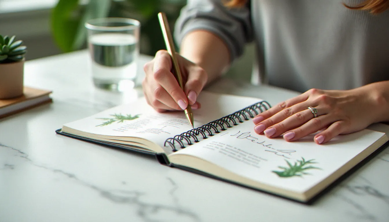 Femme notant ses symptômes hormonaux dans un journal de santé, approche documentée recommandée pour le suivi du SOPK selon les guidelines NICE