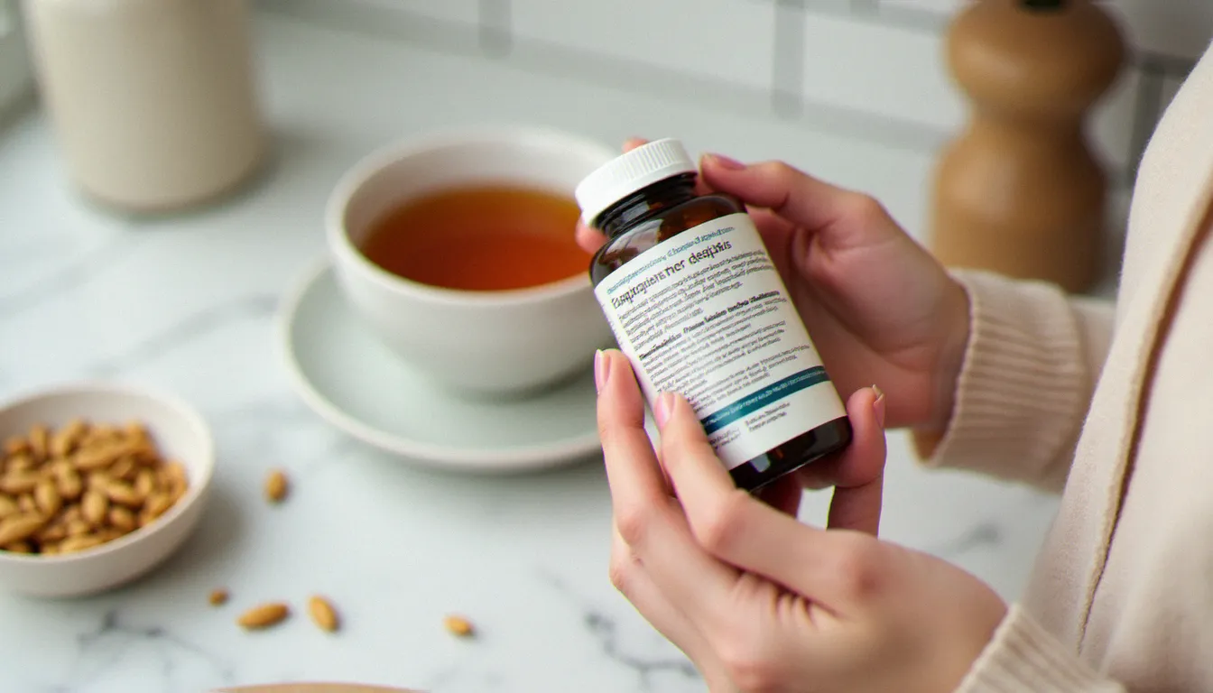 Mains féminines examinant les ingrédients d'un complément naturel pour la santé féminine, avec graines de courge et tisane sur un plan de travail en marbre