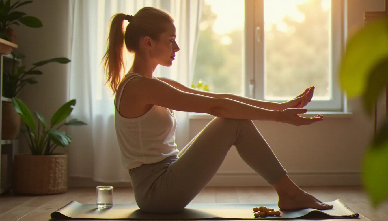 Femme pratiquant le yoga chez elle avec des compléments alimentaires visibles sur une étagère, symbolisant l'intégration d'une routine de santé hormonale naturelle au quotidien
