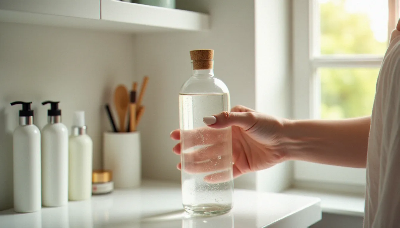 Produits cosmétiques naturels et bouteille d'eau en verre, illustrant la réduction de l'exposition aux perturbateurs endocriniens au quotidien