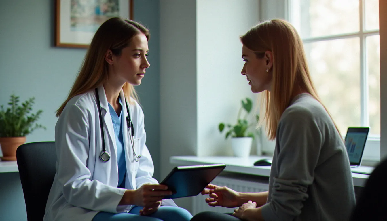 Médecin et patiente en consultation gynécologique discutant de données de santé hormonale, illustrant l'importance du suivi médical pour les pathologies comme l'endométriose ou le SOPK