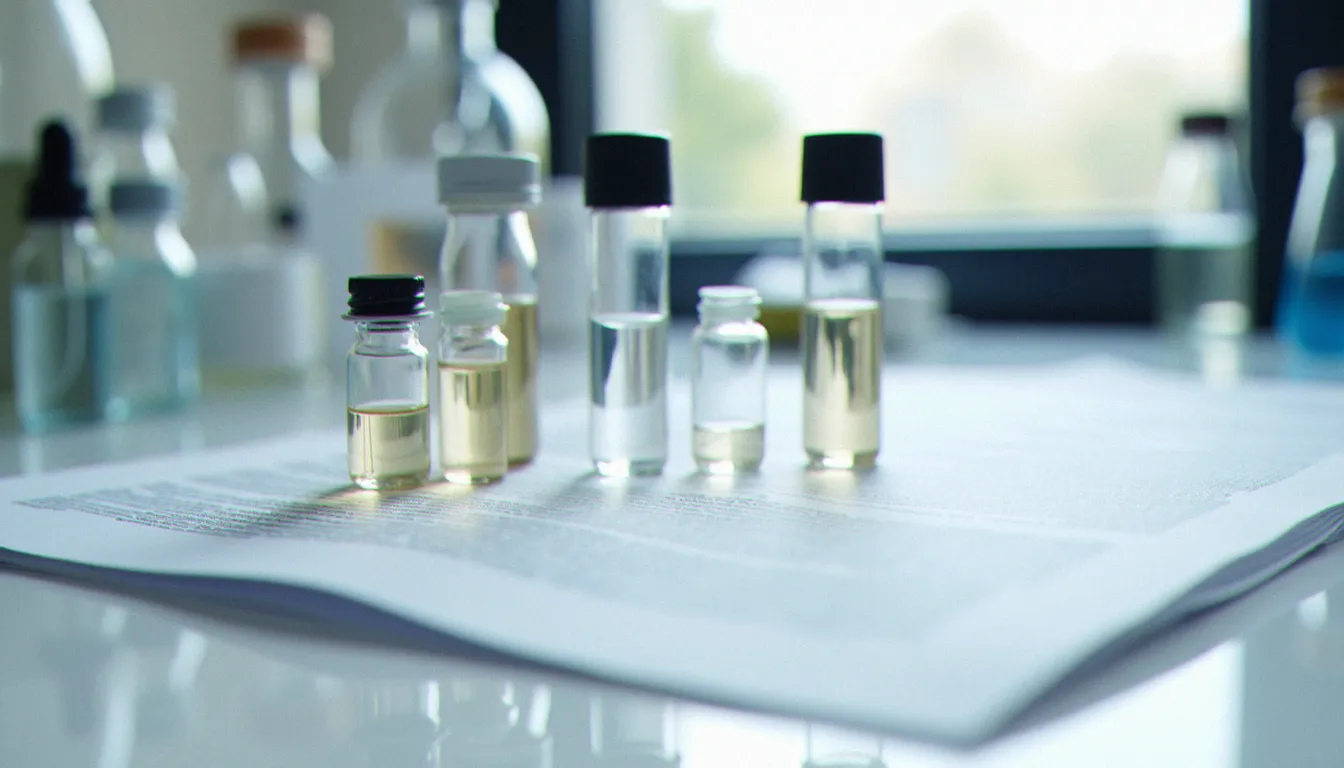 Des flacons de laboratoire et des documents scientifiques sur les perturbateurs endocriniens surveillés par l'agence nationale de santé publique