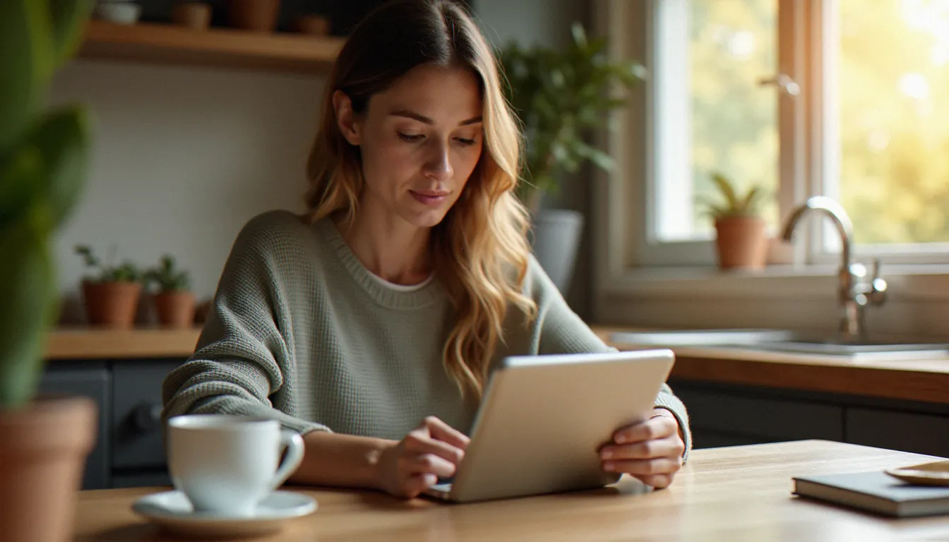 Une femme consulte les publications de l'agence nationale de santé publique sur une tablette depuis son domicile pour s'informer sur sa santé hormonale