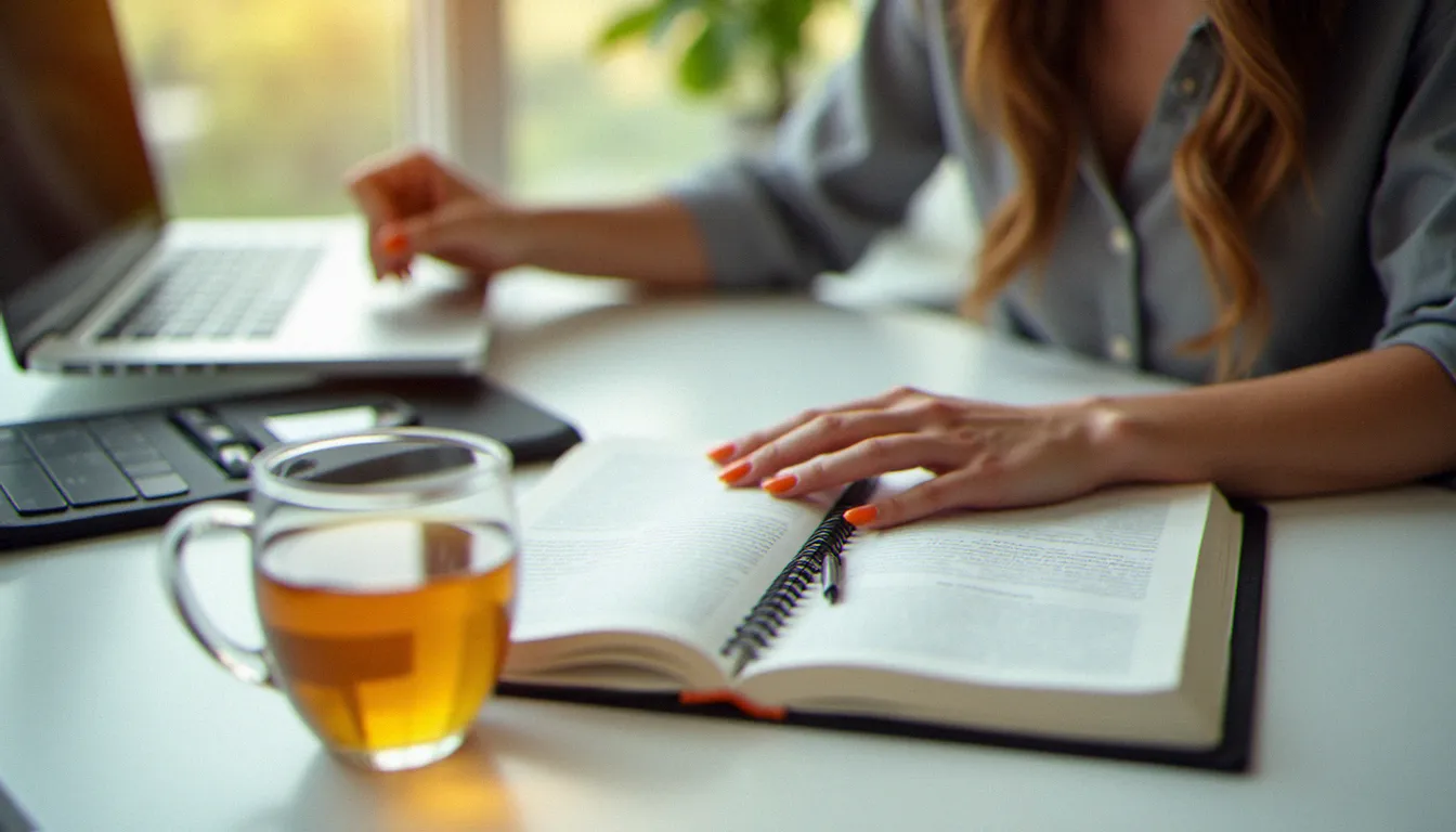Femme consultant une revue scientifique sur le désir féminin et les hormones, illustrant la lecture des recherches sur la libido et le cycle menstruel