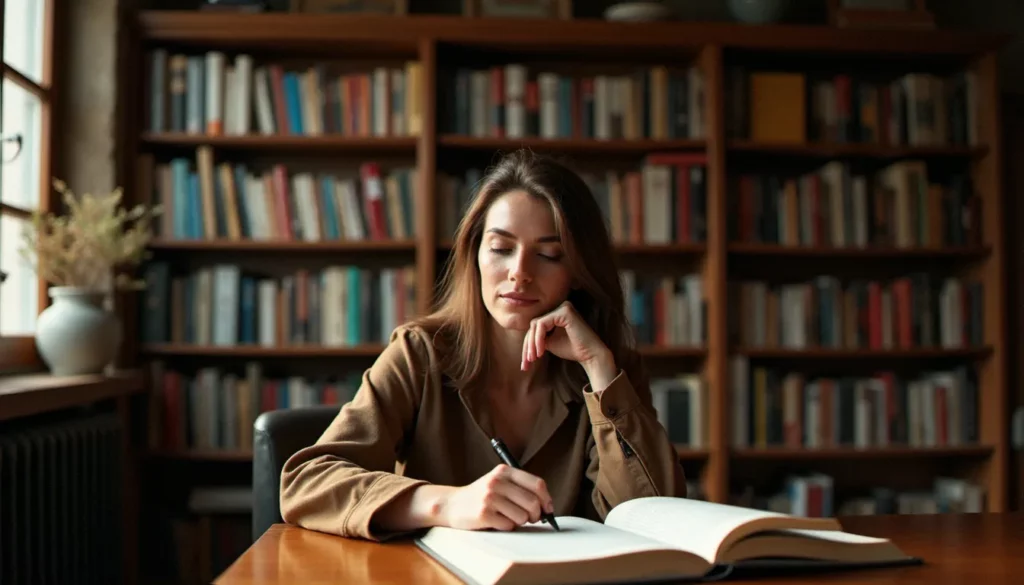 agnes giard featured Femme lisant un ouvrage sur la sexualité et le corps féminin dans une bibliothèque lumineuse, évoquant la démarche de compréhension associée aux travaux d'Agnès Giard