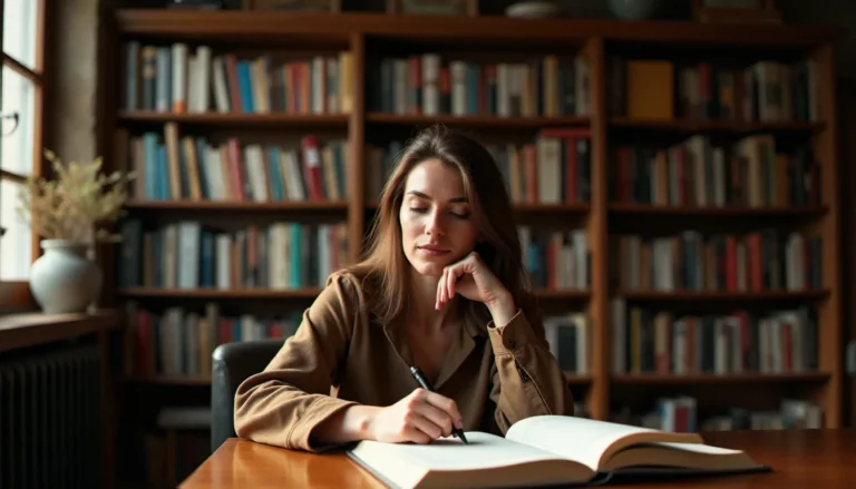 Femme lisant un ouvrage sur la sexualité et le corps féminin dans une bibliothèque lumineuse, évoquant la démarche de compréhension associée aux travaux d'Agnès Giard