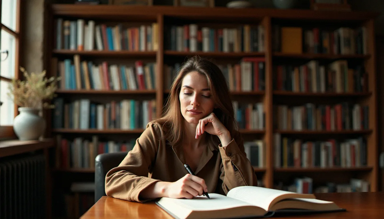 Femme lisant un ouvrage sur la sexualité et le corps féminin dans une bibliothèque lumineuse, évoquant la démarche de compréhension associée aux travaux d'Agnès Giard