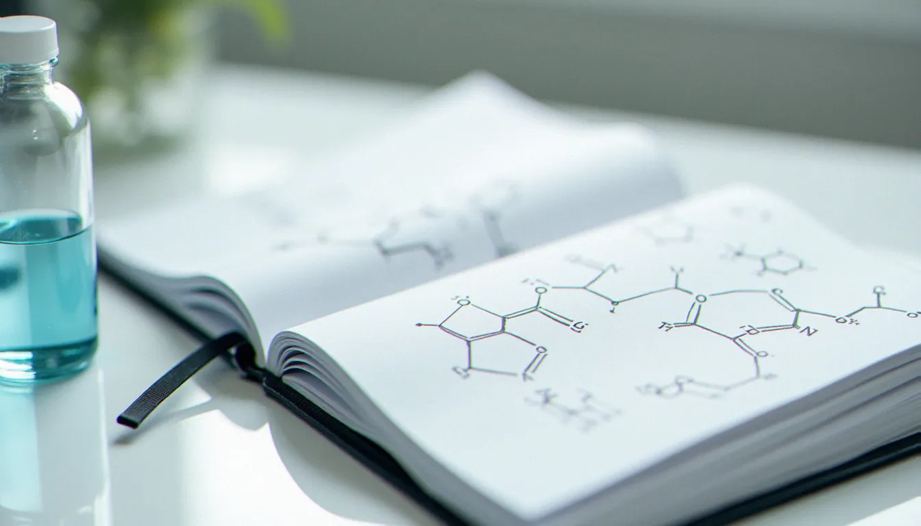 Flacon de laboratoire et schémas de structures hormonales, illustrant les hormones comme l'oxytocine et la dopamine libérées lors du plaisir sexuel