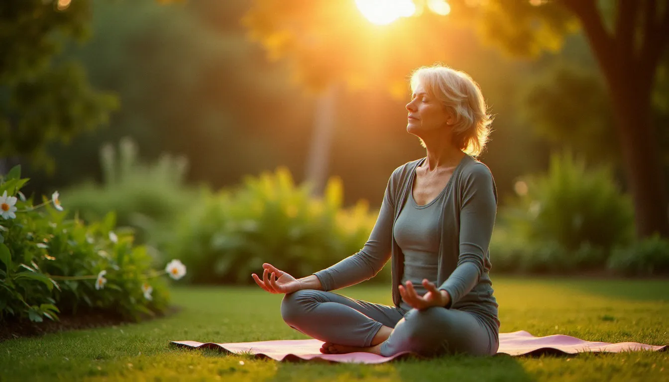 Femme pratiquant la méditation dans un jardin verdoyant pour réduire le cortisol et soutenir l'équilibre hormonal et la libido