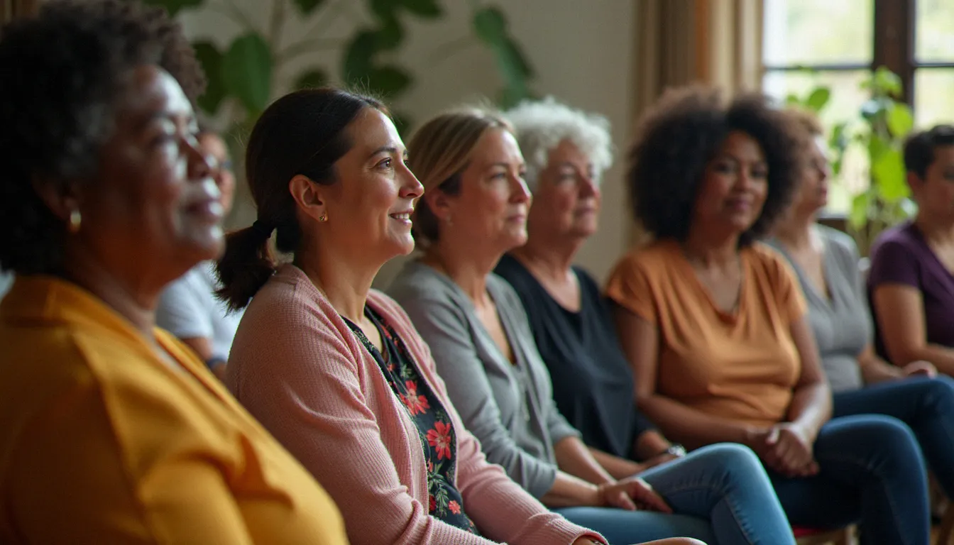 Groupe de femmes de cultures différentes participant à un atelier santé, illustrant l'influence culturelle sur le vécu hormonal