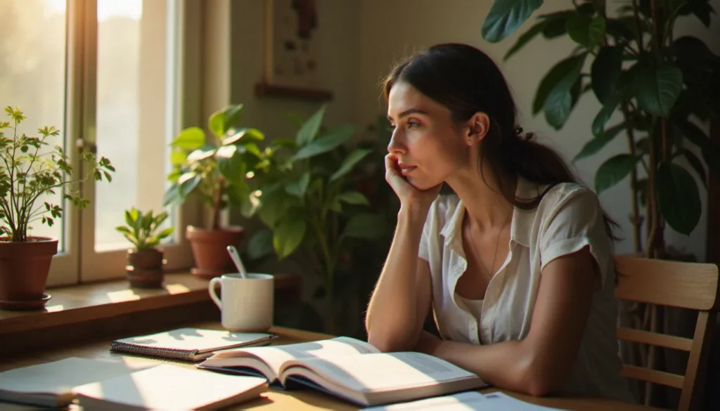 anthropologie de la sante featured Femme lisant un ouvrage sur l'anthropologie de la santé à son bureau, environnement chaleureux et lumineux, illustrant la compréhension du corps et de la maladie