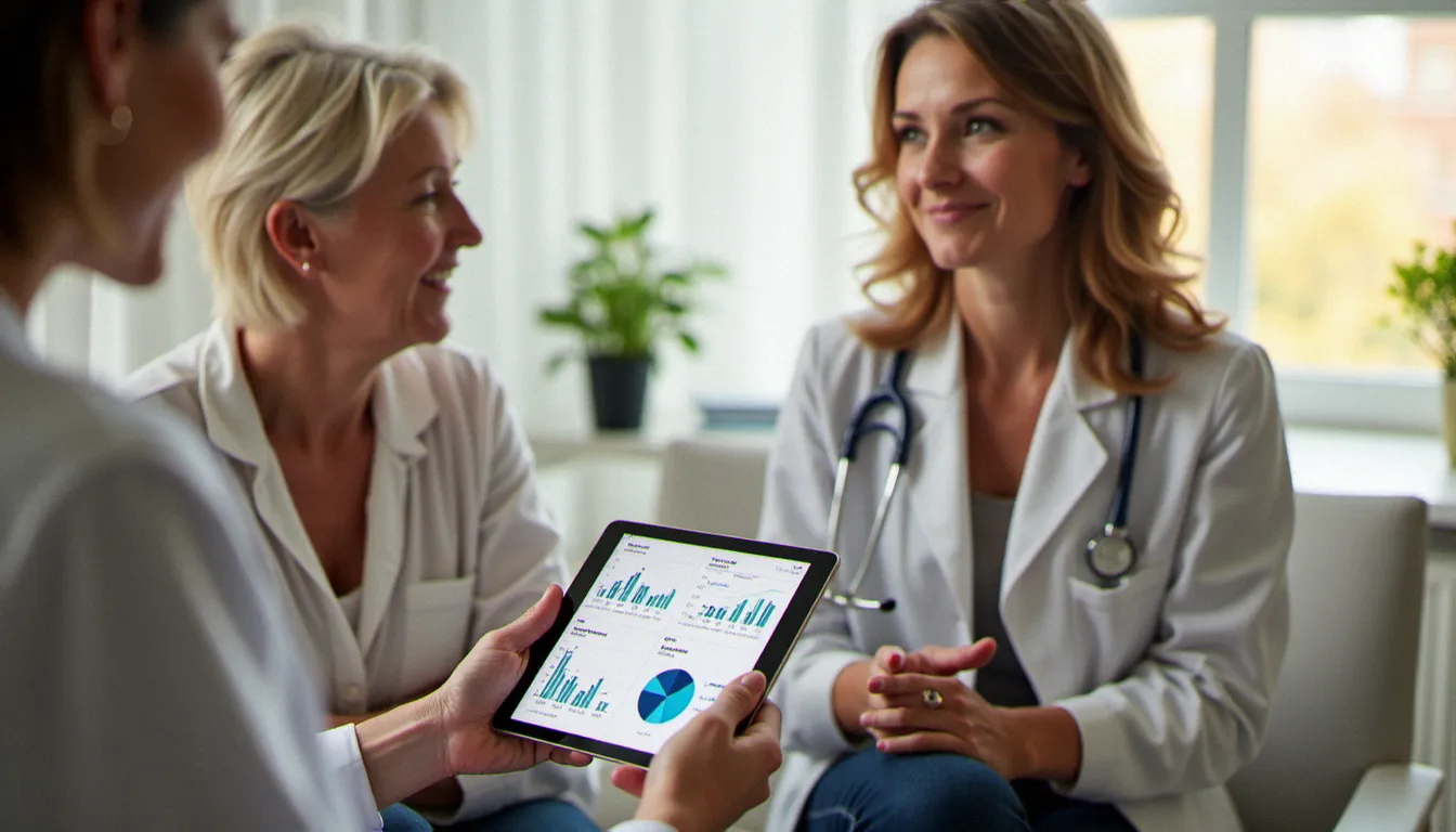 Patientes en consultation gynécologique discutant de données épidémiologiques en santé féminine avec leur médecin