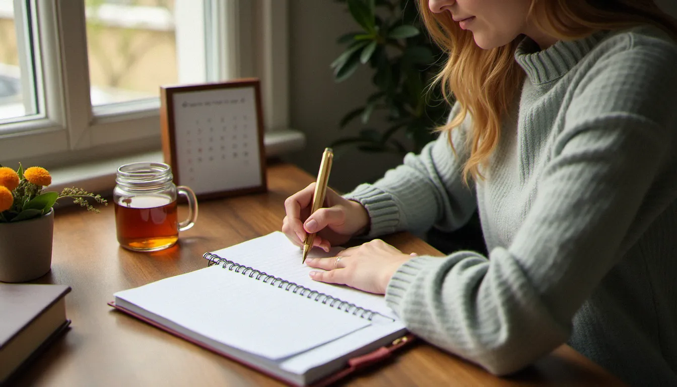 Femme tenant un journal intime et un calendrier de suivi de cycle pour mieux comprendre les variations de son désir au fil des phases hormonales