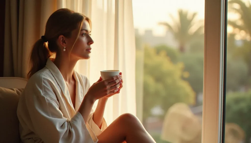 comportement erotique featured Femme pensive près d'une fenêtre au matin, illustrant la réflexion sur le comportement érotique et l'équilibre hormonal féminin