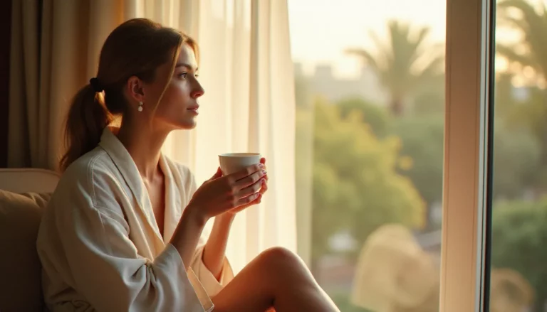 Femme pensive près d'une fenêtre au matin, illustrant la réflexion sur le comportement érotique et l'équilibre hormonal féminin