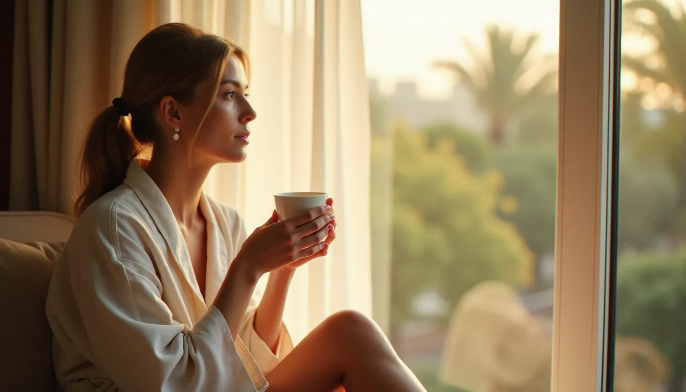 Femme pensive près d'une fenêtre au matin, illustrant la réflexion sur le comportement érotique et l'équilibre hormonal féminin