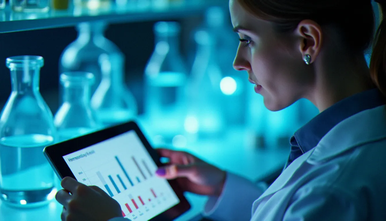 Scientifique analysant un bilan hormonal en laboratoire, représentant les recherches sur l'influence du mariage sur les hormones féminines