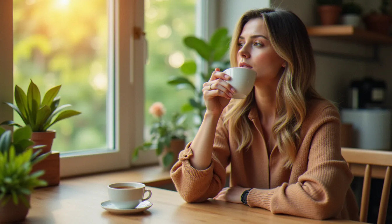 Femme adulte songeuse tenant une tasse de thé le matin, illustrant la réflexion sur le mariage et l'équilibre hormonal de matrimonio