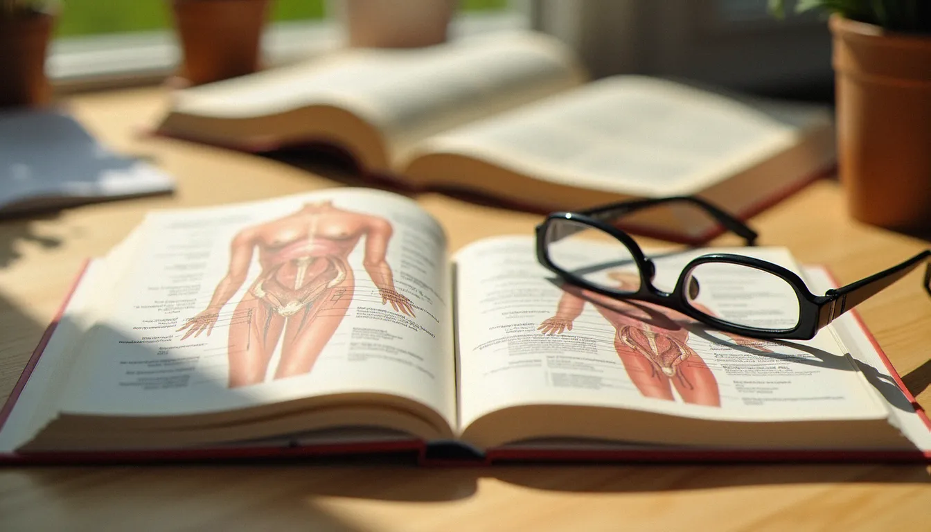 Des livres d'anatomie féminine ouverts sur une table, illustrant la dimension pédagogique des travaux de Deborah Sundahl sur la sexualité et la santé des femmes