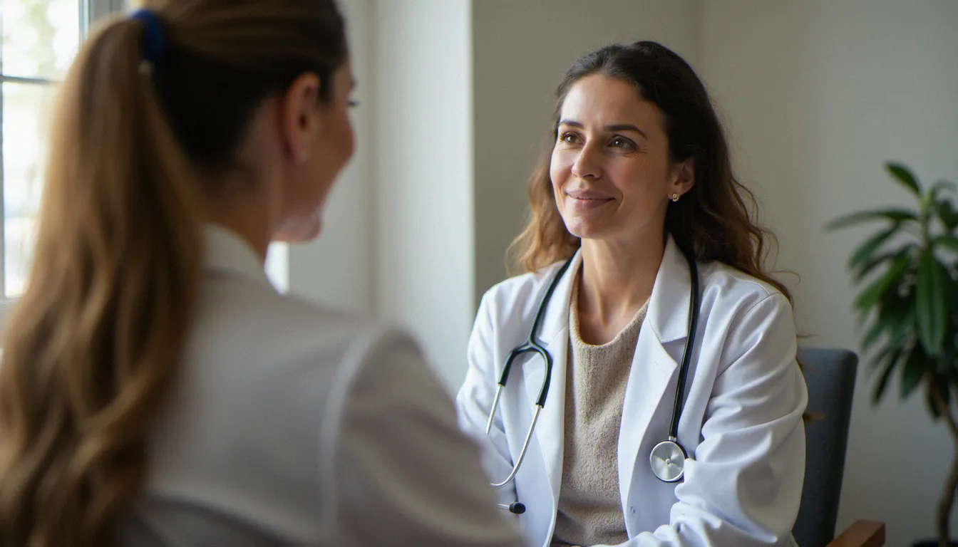 Une femme en consultation gynécologique dans un cadre bienveillant, illustrant l'importance du suivi médical pour les questions de santé hormonale et sexuelle féminine