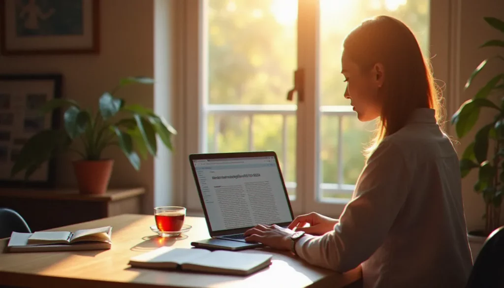 Femme consultant un article scientifique avec un digital object identifier affiché à l'écran, dans un environnement de travail lumineux