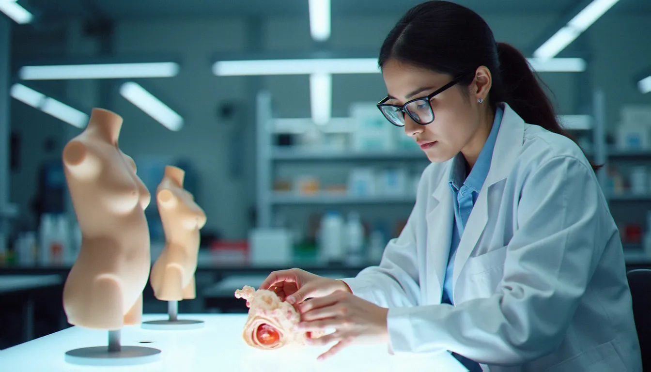 Chercheuse en blouse blanche étudiant un modèle anatomique du système reproducteur féminin dans un laboratoire médical moderne, illustrant la recherche sur l'anatomie féminine