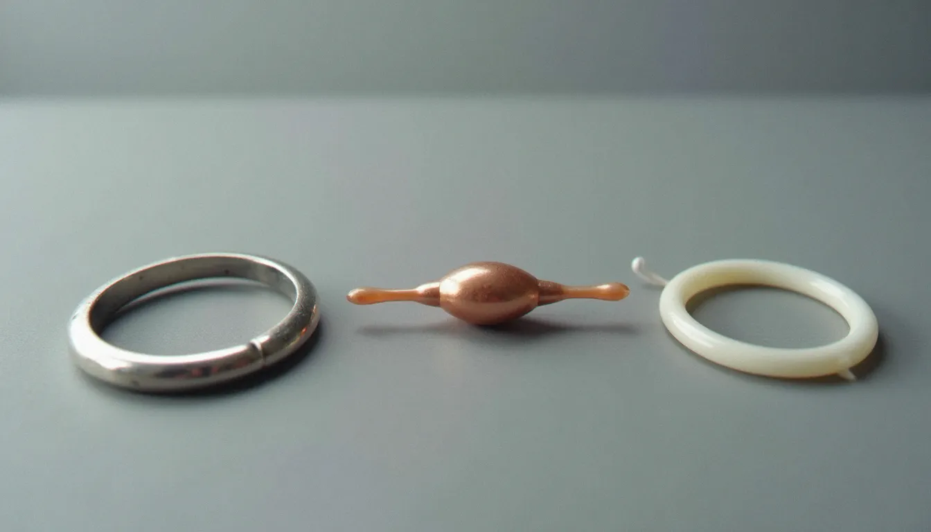 Comparaison entre un anneau contraceptif ancien en métal et des stérilets DIU modernes au cuivre et hormonal, représentant l'évolution de la contraception intra-utérine depuis Gräfenberg