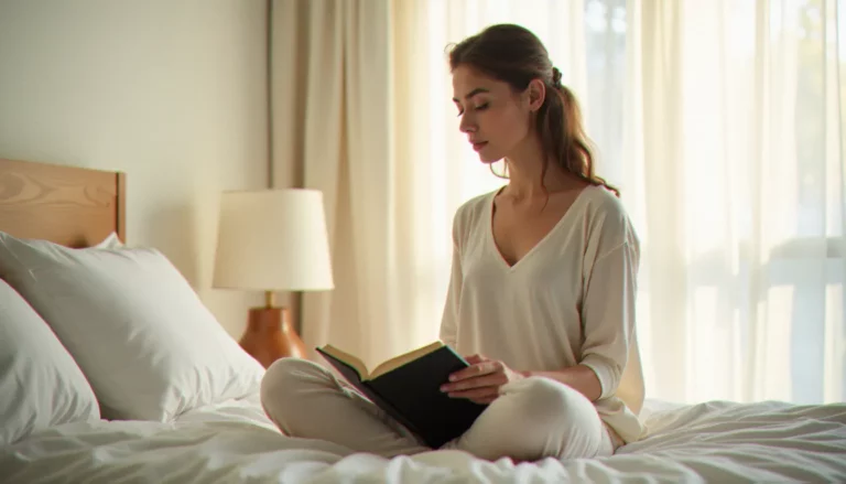 Femme en position détendue réfléchissant à sa santé intime et à l'excitation sexuelle dans un environnement serein et chaleureux