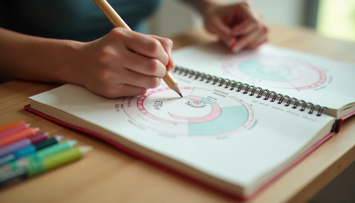 Journal de suivi du cycle menstruel ouvert sur une table, représentant les quatre phases hormonales du cycle féminin