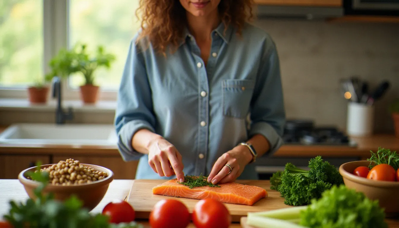 Préparation d'un repas équilibré riche en fibres et oméga-3 pour soutenir l'équilibre hormonal féminin
