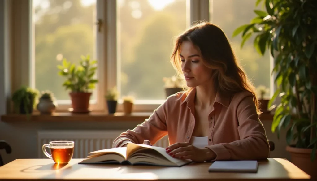 Femme consultant un guide de santé féminine à son bureau, illustrant la démarche d'information sur l'équilibre hormonal