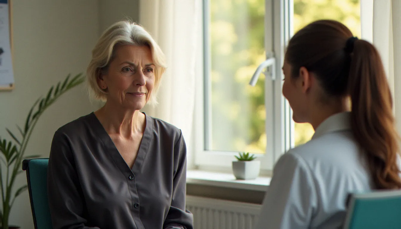 Femme en consultation gynécologique écoutant les explications d'une médecin, illustrant l'importance du dialogue médical sur la santé hormonale et sexuelle féminine