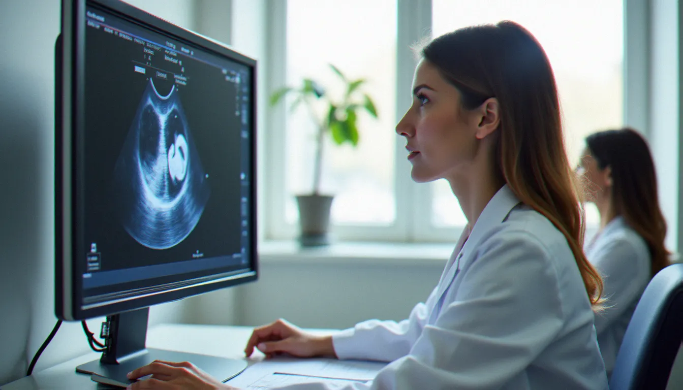 Gynécologue analysant une échographie pelvienne pour diagnostiquer une pathologie de la glande para-urétrale