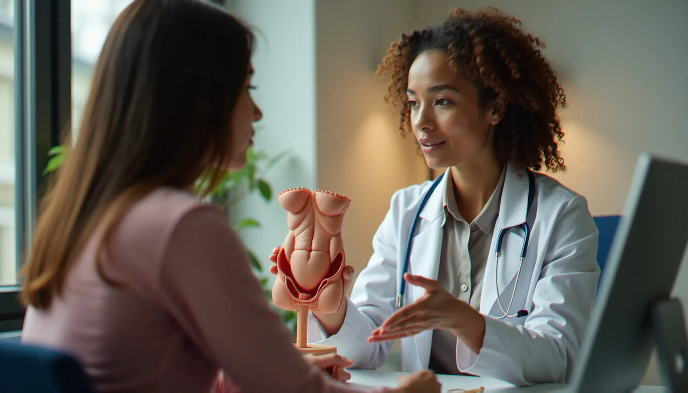 Gynécologue expliquant à une patiente l'anatomie pelvienne féminine, illustrant la consultation médicale recommandée en cas de problème de la glande vestibulaire majeure