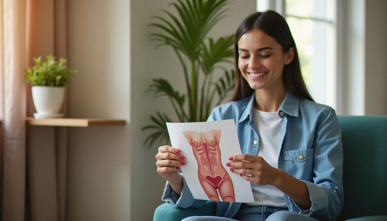 Femme en salle d'attente médicale lisant une brochure sur la santé pelvienne féminine, illustrant l'importance du suivi gynécologique régulier
