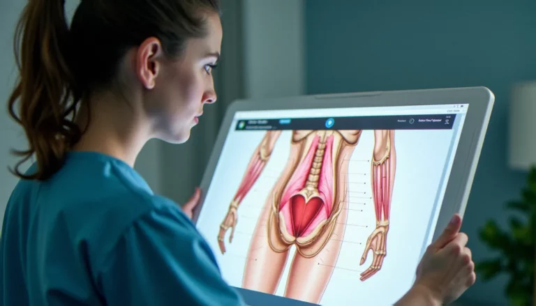Professionnelle de santé examinant un schéma anatomique du plancher pelvien féminin, illustrant la localisation des glandes de Skene