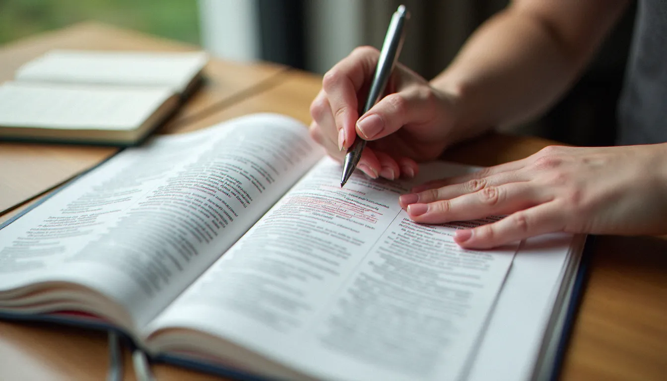 Mains d'une femme annotant une étude scientifique sur la santé hormonale féminine, avec un dictionnaire médical ouvert à côté