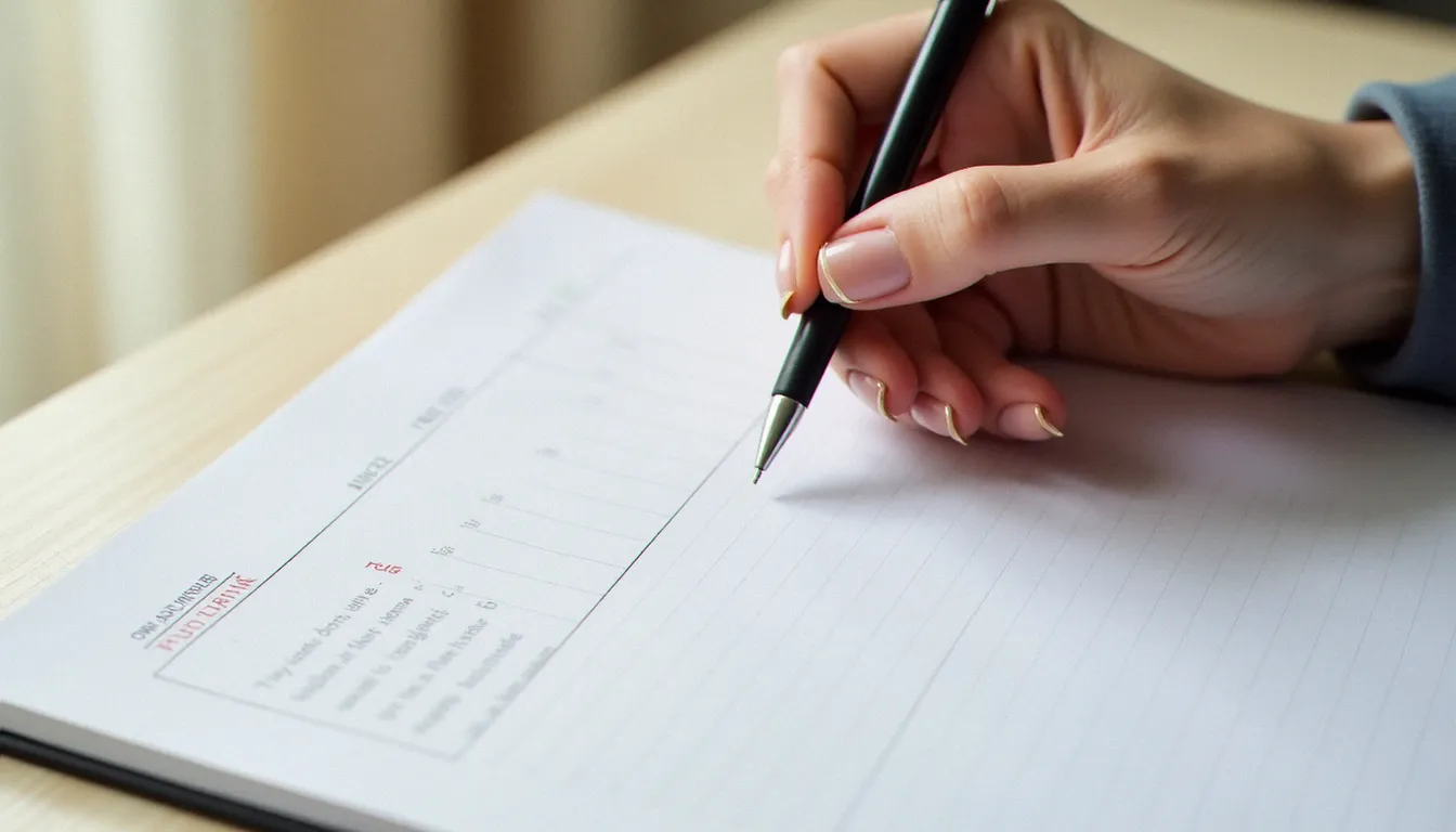 Mains d'une femme écrivant dans un carnet ouvert à côté d'un calendrier mensuel, illustrant le suivi hormonal et la pratique d'écriture expressive