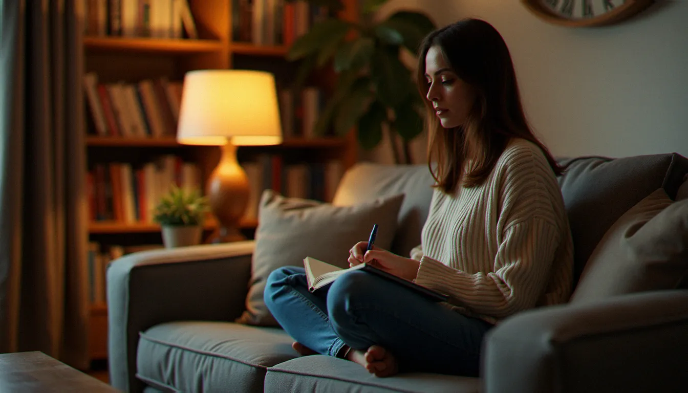 Femme assise confortablement sur un canapé en soirée, tenant un journal ouvert sur ses genoux, illustrant la pratique du journal de libération adaptée à chaque profil hormonal