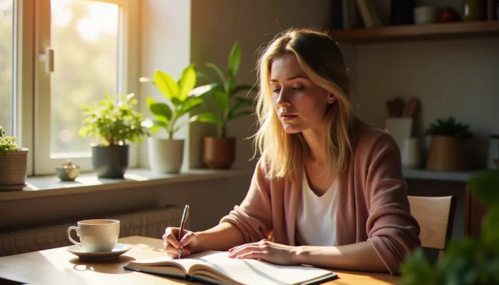 liberation journal featured Femme écrivant dans un journal intime près d'une fenêtre ensoleillée, pratique de libération par le journal pour l'équilibre hormonal