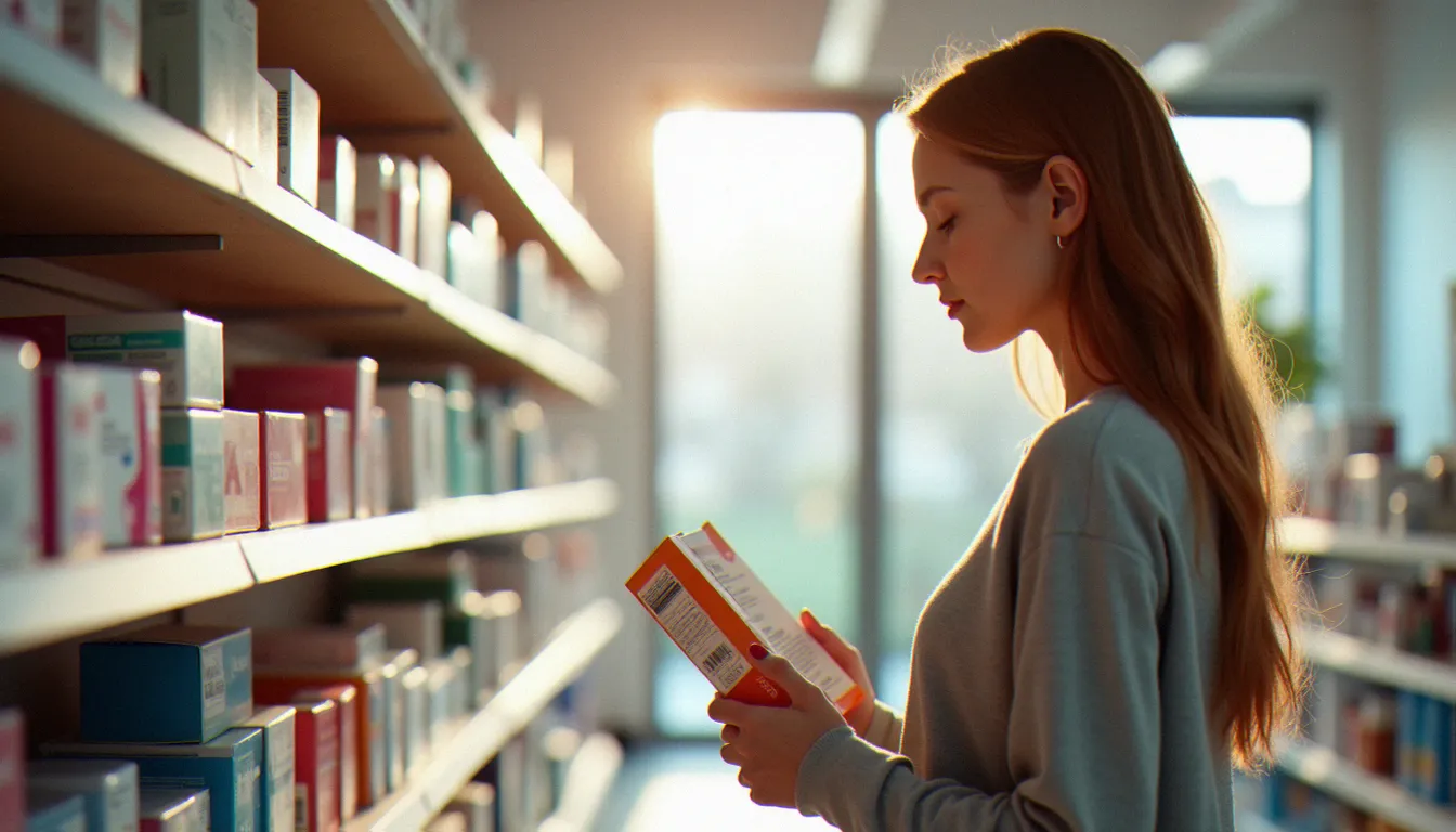 Femme en pharmacie examinant des options de contraception, dans le contexte d'une réflexion sur les risques liés au liquide pré-éjaculatoire